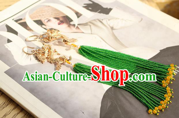 China Classical Cheongsam Golden Dragon Ear Jewelry Handmade National Green Beads Tassel Earrings