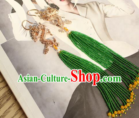 China Classical Cheongsam Golden Dragon Ear Jewelry Handmade National Green Beads Tassel Earrings