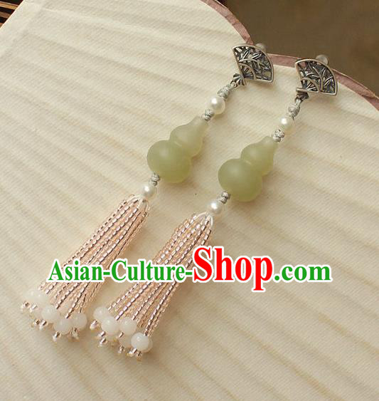 China Classical Cheongsam Beads Tassel Ear Jewelry Handmade National Jade Gourd Earrings