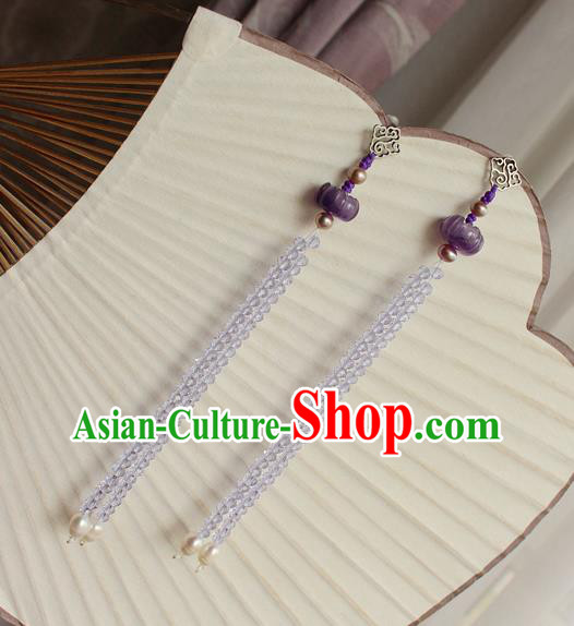 China Classical Cheongsam Pearls Tassel Ear Jewelry Handmade National Amethyst Earrings