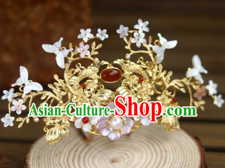 Chinese Ancient Queen Shell Butterfly Hairpin Traditional Song Dynasty Empress Golden Hair Crown