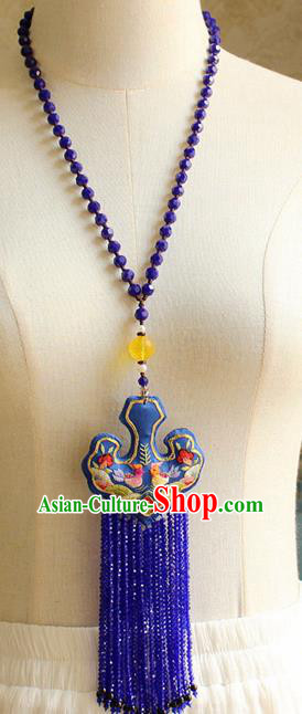 China Handmade Royalblue Beads Tassel Necklet Accessories Traditional Cheongsam Embroidered Sachet Necklace
