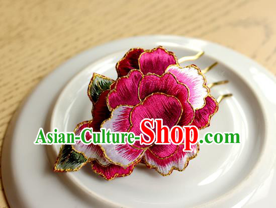 China Classical Cheongsam Hair Accessories Handmade National Embroidered Rosy Peony Hair Comb