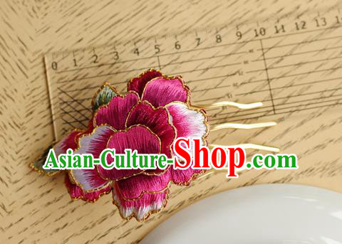 China Classical Cheongsam Hair Accessories Handmade National Embroidered Rosy Peony Hair Comb