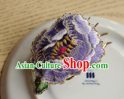China Handmade National Embroidered Purple Peony Hair Comb Classical Cheongsam Hair Accessories