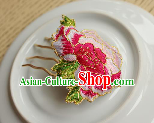 China Classical Cheongsam Hair Accessories National Handmade Embroidered Pink Peony Hair Comb