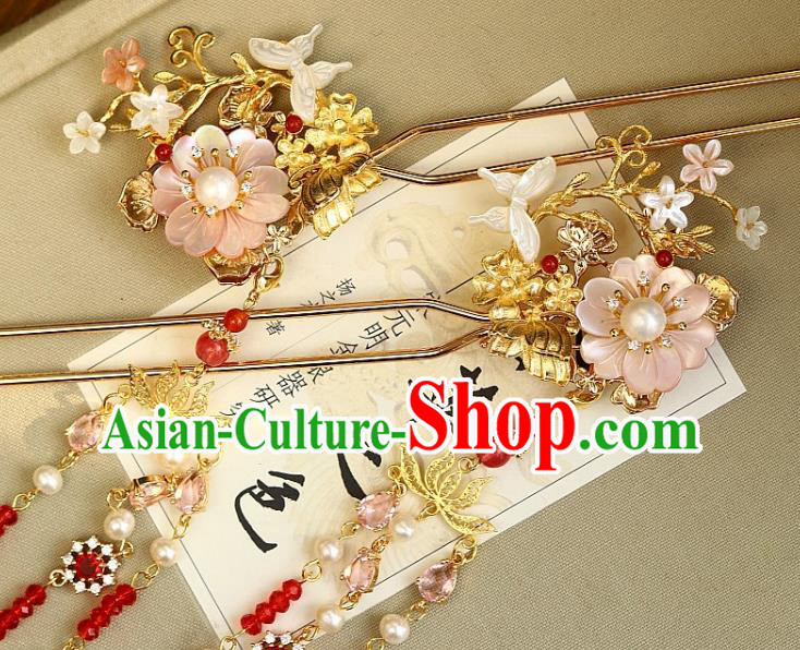 Chinese Ancient Queen Tassel Hairpin Traditional Ming Dynasty Empress Pink Peach Blossom Hair Stick