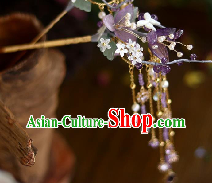 Chinese Ancient Princess Amethyst Flowers Tassel Hairpin Traditional Song Dynasty Court Shell Fragrans Hair Stick