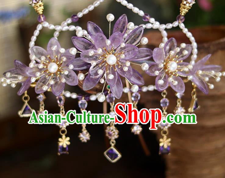 Chinese Ancient Empress Pearls Hairpin Traditional Song Dynasty Court Amethyst Chrysanthemum Hair Crown