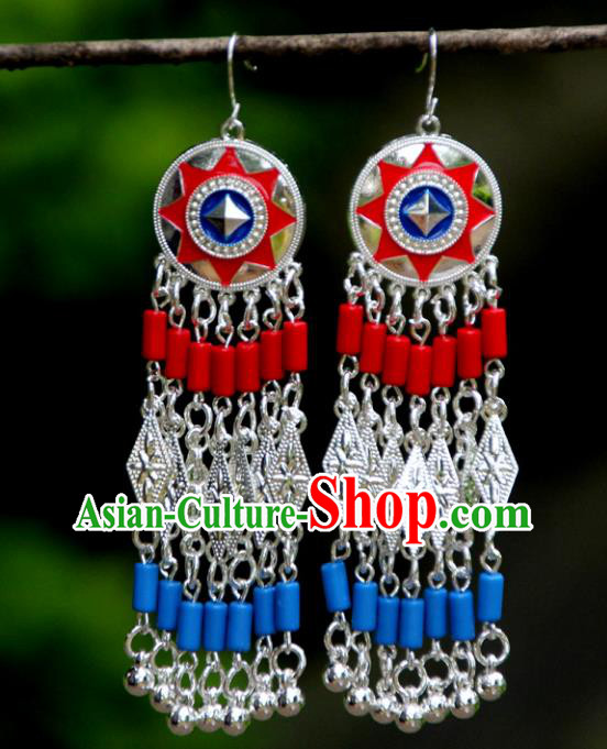 Chinese Yannan Ethnic Woman Earrings Handmade Cheongsam Ear Jewelry National Silver Bells Tassel Ear Accessories