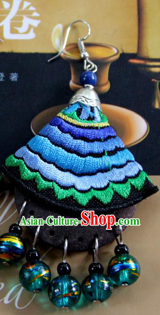Chinese Yannan Ethnic Woman Earrings Handmade Embroidered Blue Ear Jewelry National Ear Accessories