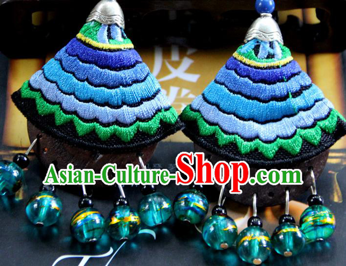 Chinese Yannan Ethnic Woman Earrings Handmade Embroidered Blue Ear Jewelry National Ear Accessories