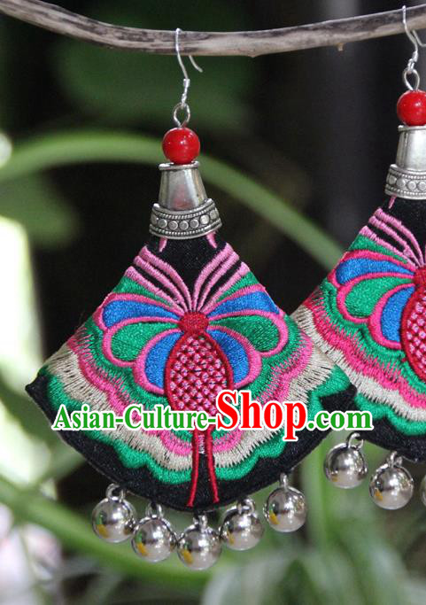 Chinese National Silver Bells Ear Accessories Yannan Ethnic Woman Earrings Handmade Embroidered Butterfly Ear Jewelry
