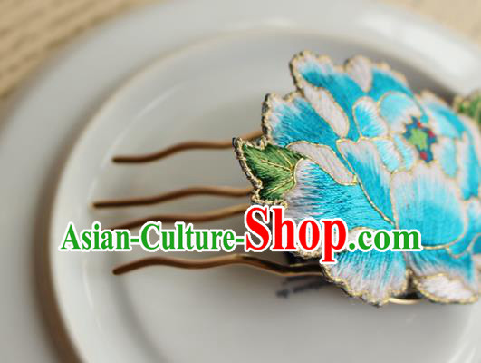 China Handmade National Embroidered Blue Peony Hair Comb Classical Cheongsam Hairpin