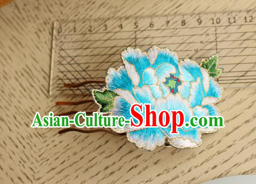 China Handmade National Embroidered Blue Peony Hair Comb Classical Cheongsam Hairpin