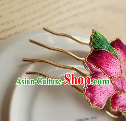 China Handmade Classical Cheongsam Hairpin National Embroidered Rosy Peony Hair Comb