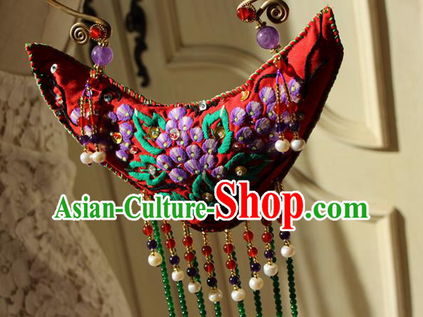 China Handmade Embroidered Red Sachet Necklet Accessories Traditional Cheongsam Tassel Brass Necklace