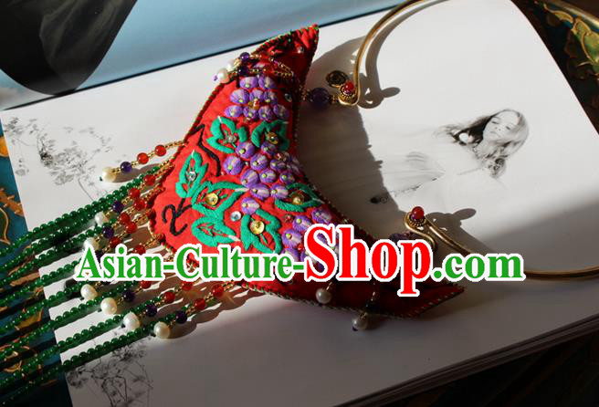 China Handmade Embroidered Red Sachet Necklet Accessories Traditional Cheongsam Tassel Brass Necklace