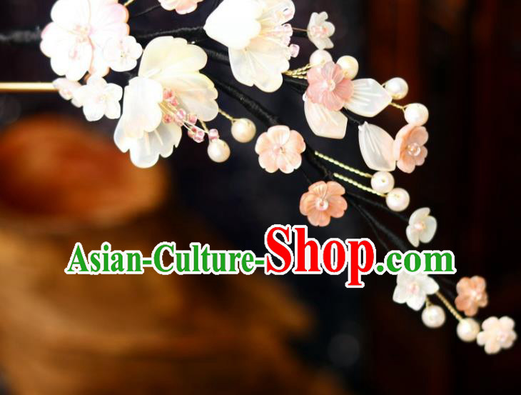Chinese Ancient Princess White Shell Flowers Hairpin Traditional Song Dynasty Court Lady Pearls Hair Stick