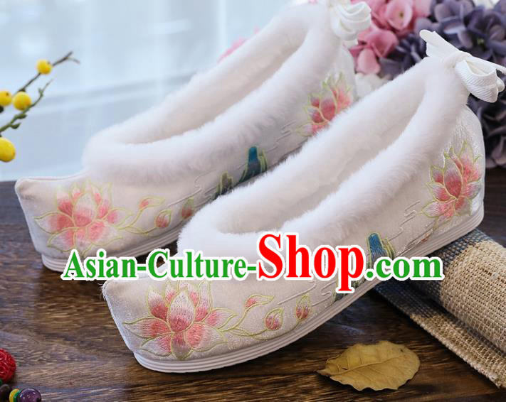 China Ancient Ming Dynasty Princess Bow Shoes National Winter Embroidered Lotus Shoes Traditional White Cloth Shoes