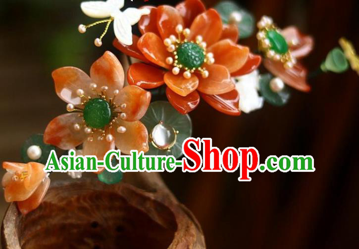 Chinese Ancient Queen Jade Hairpin Traditional Song Dynasty Empress Red Lotus Hair Crown