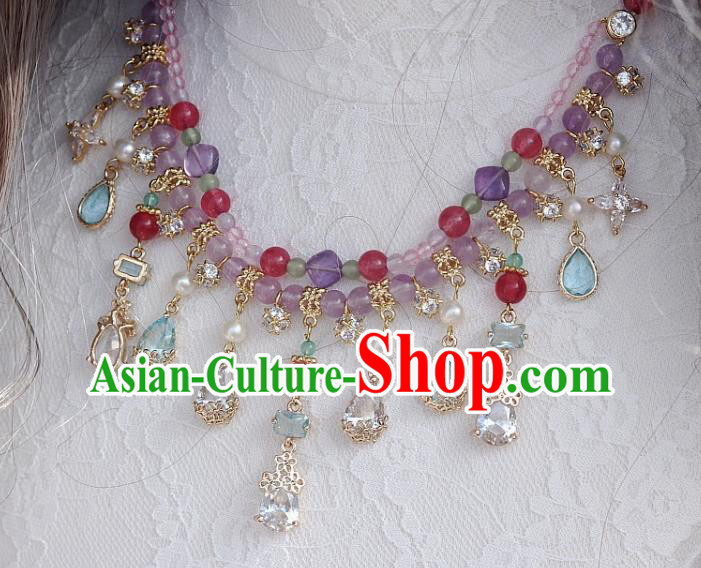 China Traditional Ming Dynasty Amethyst Necklace Handmade Ancient Princess Crystal Tassel Necklet Accessories