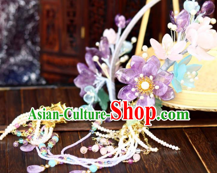 Chinese Ancient Princess Beads Tassel Hair Clasp Traditional Song Dynasty Court Amethyst Lotus Hair Crown