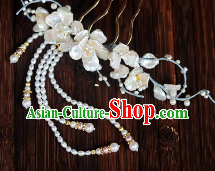Chinese Ancient Princess Shell Flowers Hairpin Traditional Song Dynasty Court Pearls Tassel Hair Comb