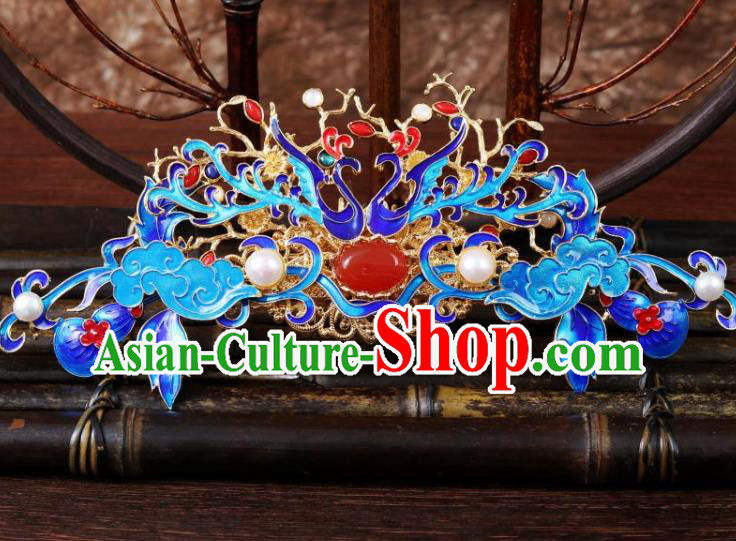 Chinese Ancient Empress Gems Hairpin Traditional Ming Dynasty Queen Blueing Phoenix Hair Crown