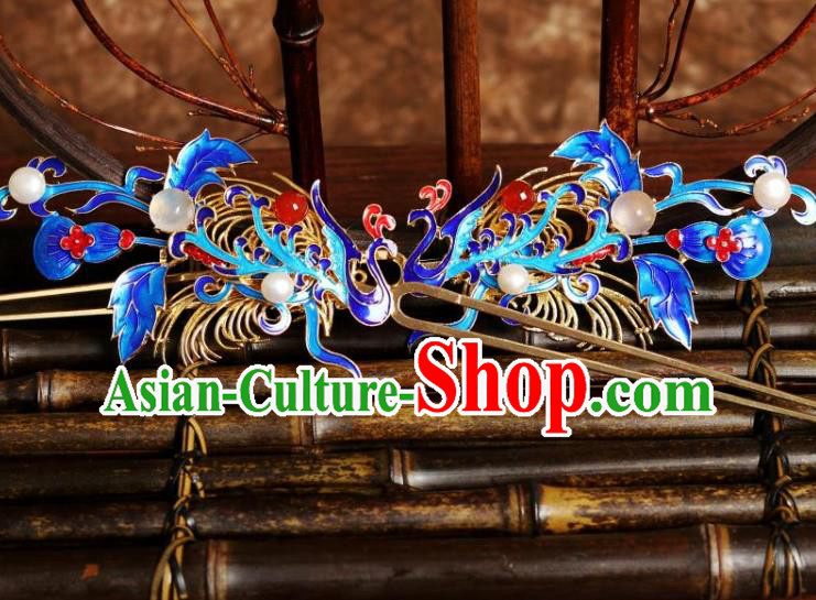 Chinese Ancient Queen Hairpin Traditional Ming Dynasty Blueing Phoenix Hair Stick