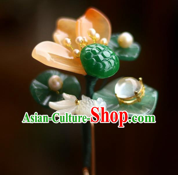 Chinese Ancient Princess Jade Lotus Leaf Hairpin Traditional Song Dynasty Palace Lady Goldfish Hair Stick