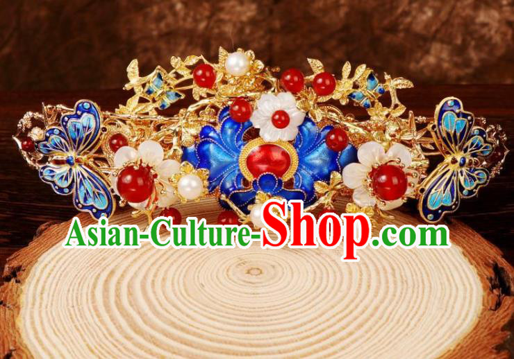 Chinese Ancient Court Queen Shell Plum Hairpin Traditional Ming Dynasty Blueing Peony Hair Crown
