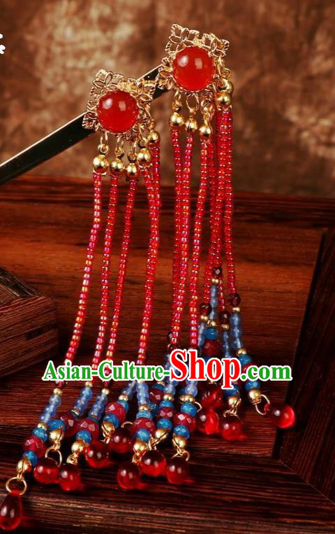 Chinese Ancient Princess Red Beads Tassel Hairpin Traditional Ming Dynasty Wedding Hair Stick