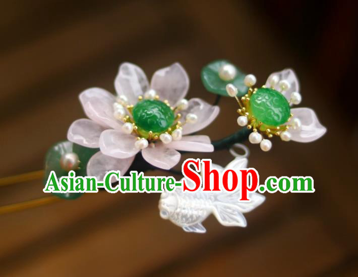 Chinese Ancient Princess Shell Goldfish Hairpin Traditional Song Dynasty Rose Quartz Lotus Hair Stick