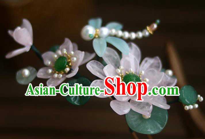 Chinese Ancient Princess Rose Quartz Lotus Hairpin Traditional Song Dynasty Pearls Dragonfly Hair Stick