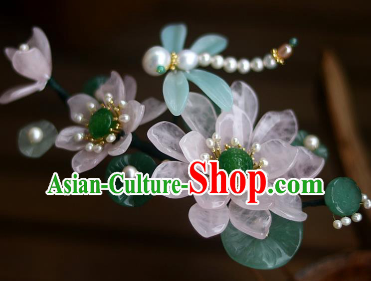 Chinese Ancient Princess Rose Quartz Lotus Hairpin Traditional Song Dynasty Pearls Dragonfly Hair Stick