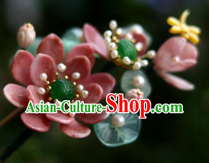 Chinese Ancient Princess Red Lotus Hairpin Traditional Song Dynasty Jade Pearls Hair Stick