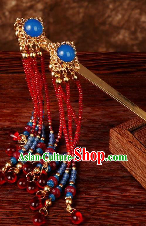 Chinese Ancient Princess Hairpin Traditional Ming Dynasty Wedding Red Beads Tassel Hair Stick