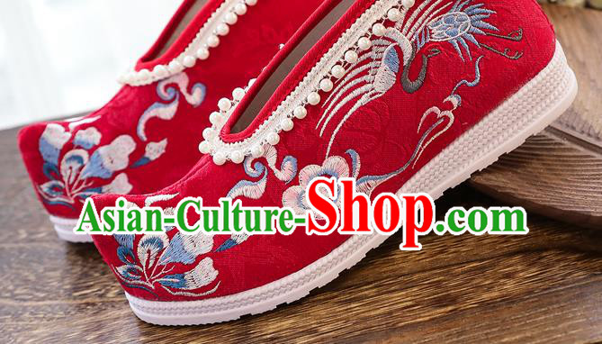 China Ancient Ming Dynasty Shoes National Embroidered Crane Red Shoes Traditional Hanfu Pearls Shoes