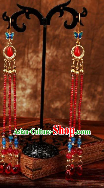China Traditional Ming Dynasty Wedding Earrings Handmade Ancient Princess Red Beads Tassel Ear Accessories