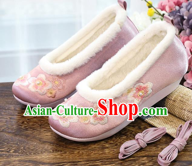 China National Embroidered Plum Blossom Shoes Traditional Pearls Shoes Handmade Ming Dynasty Winter Pink Shoes