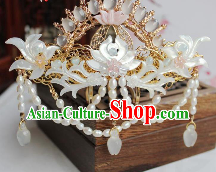 Chinese Ancient Princess Shell Lotus Hairpin Hanfu Hair Accessories Traditional Tang Dynasty Pearls Tassel Hair Crown