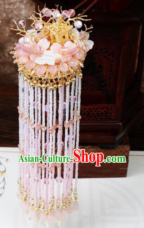 Chinese Ancient Imperial Consort Peach Blossom Hairpin Traditional Tang Dynasty Pink Beads Tassel Hair Stick