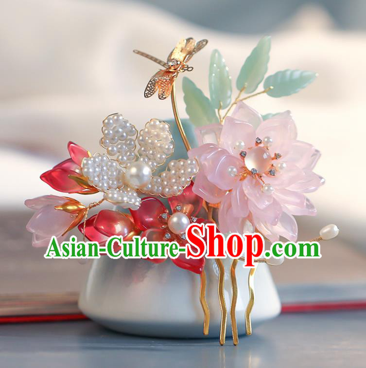 Chinese Ancient Princess Golden Dragonfly Hairpin Traditional Song Dynasty Pink Lotus Hair Comb