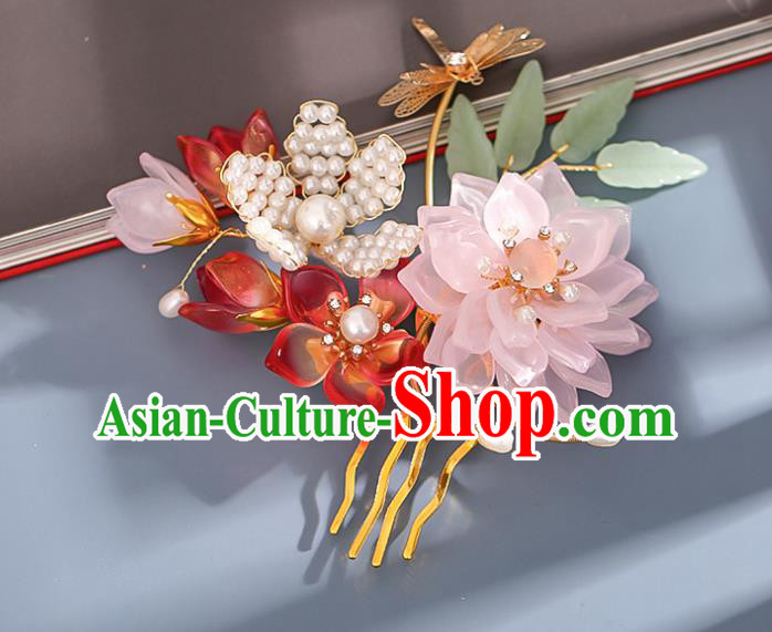 Chinese Ancient Princess Golden Dragonfly Hairpin Traditional Song Dynasty Pink Lotus Hair Comb