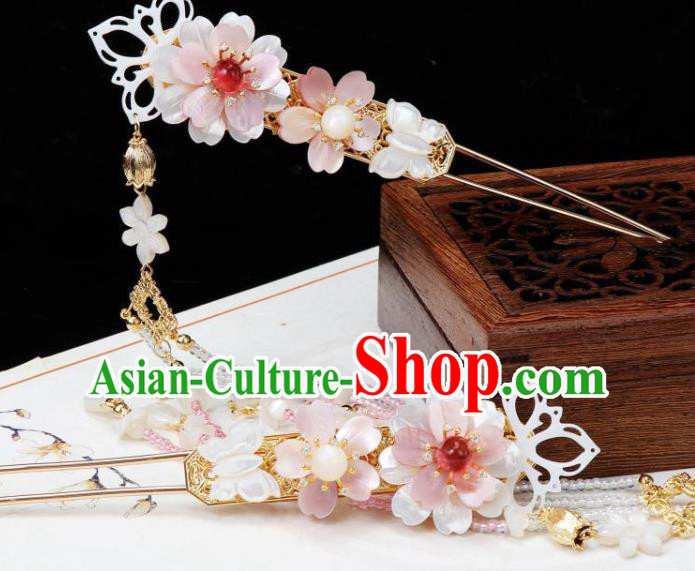 Chinese Ancient Princess Beads Tassel Hairpin Traditional Tang Dynasty Shell Sakura Hair Stick
