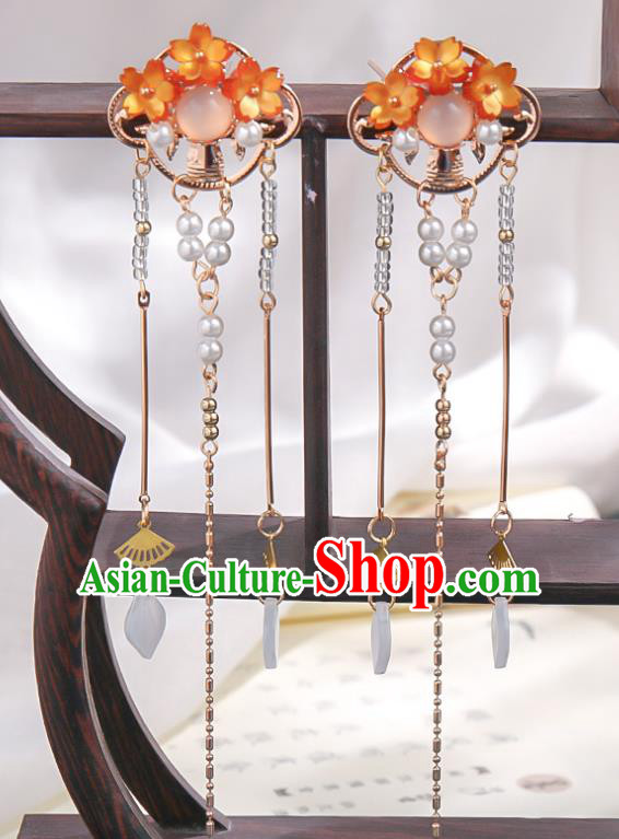 Chinese Ancient Young Lady Long Tassel Hairpin Traditional Ming Dynasty Princess Hair Stick