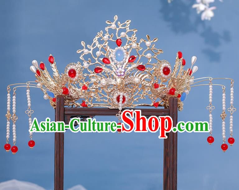 Chinese Ancient Bride Golden Hair Crown Traditional Ming Dynasty Wedding Tassel Phoenix Coronet