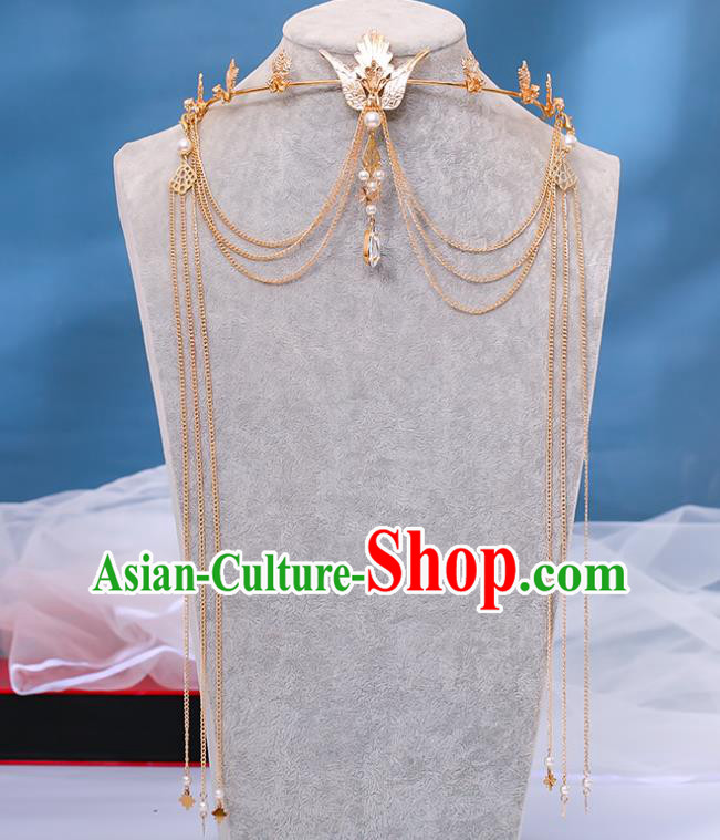 Chinese Ancient Empress Golden Phoenix Hair Crown Traditional Ming Dynasty Wedding Tassel Hair Clasp