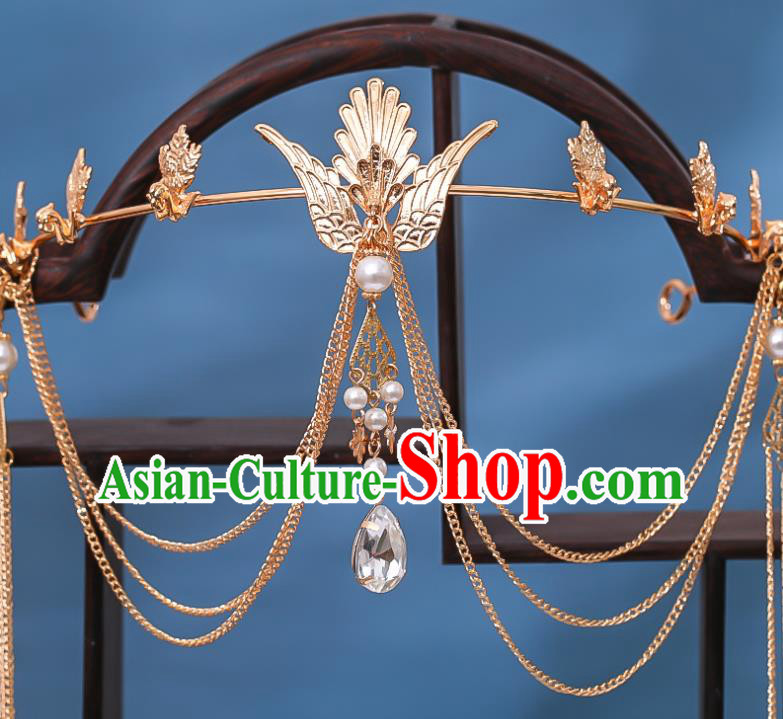 Chinese Ancient Empress Golden Phoenix Hair Crown Traditional Ming Dynasty Wedding Tassel Hair Clasp
